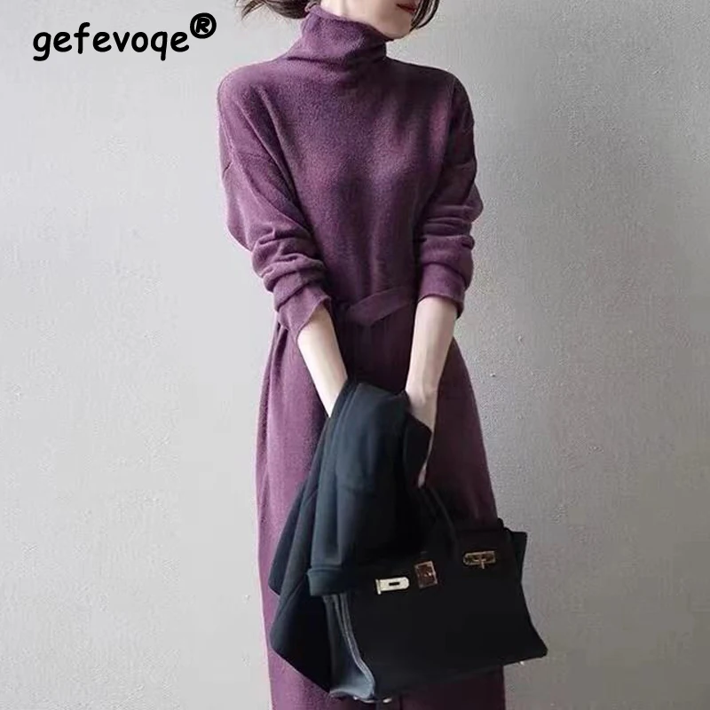 

Women Autumn Winter Turtleneck Lace Up High Waist Elegant Knitted Dresses Office Lady Fashion Chic Long Sleeve Basic Midi Dress