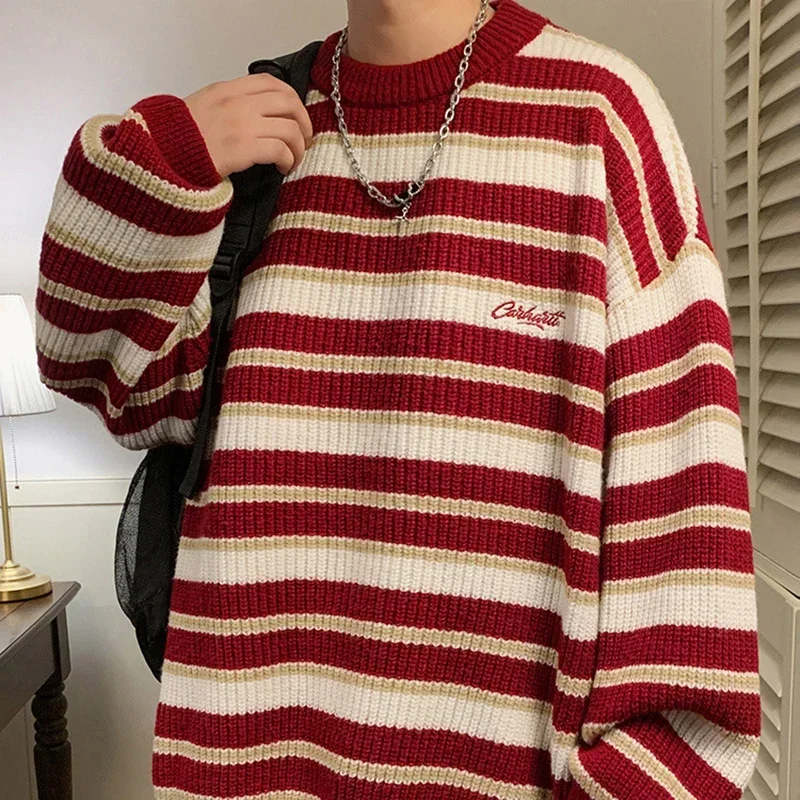 TFETTERS Brand Autumn Winter New Sweaters Man Striped Baggy Embroidery Coarse Yarn Pullovers Couples Fashion Daily Men Clothing