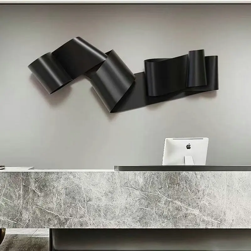 Modern minimalist black wall sculpture, hotel front desk metal wall decoration, living room iron art ribbon wall hanging ZY133RO