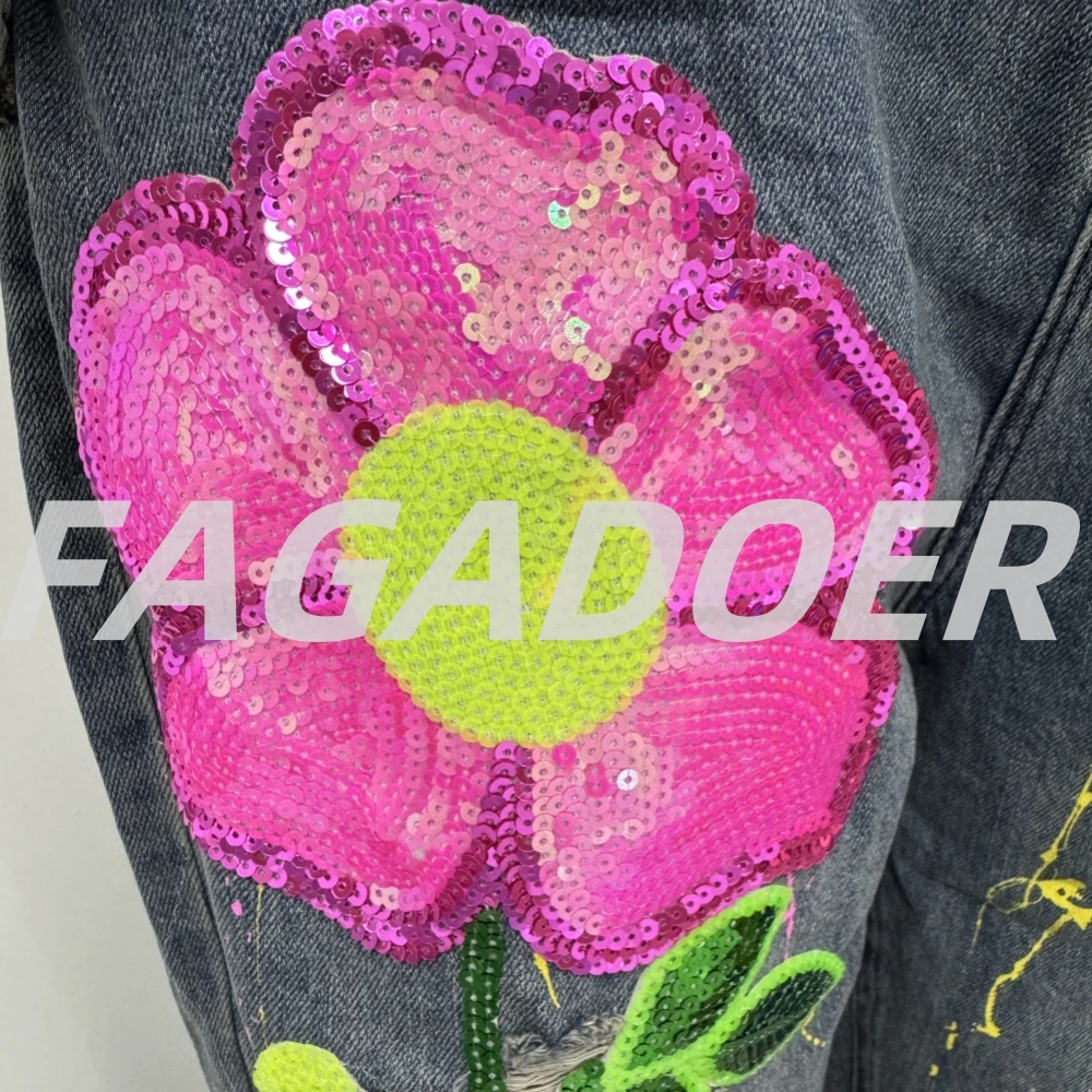 FAGADOER Retro Fashion Spring Floral Denim Pants Women Rhinestones Hole Patchwork Shining Jeans Female Streetwear Bottoms New