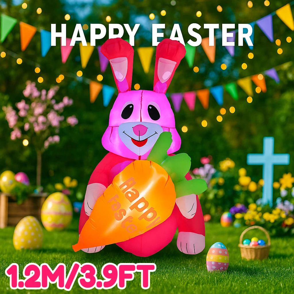 Easter Festival LED Light Ornament Inflatable Toy 1.2M/3.9FT Red Rabbit with Holding Carrot DIY Decor Yard Holiday Decor
