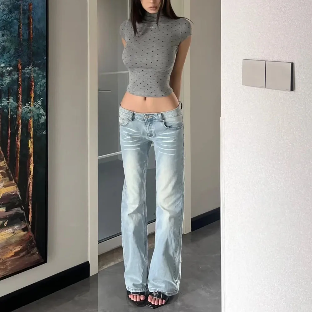 New Casual Woman’s Light Blue Denim Pants Retro Style Spice Girls Trousers High Waist Spring Autumn Letter Splicing Design Jeans