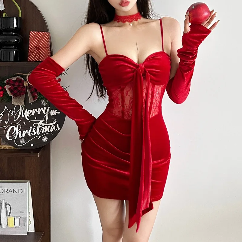 

2025 Autumn Winter Lace Patchwork Velvet French Christmas Dress Women Slash Neck Sleeve Covers Slim Hip Wrapped Festival Dress