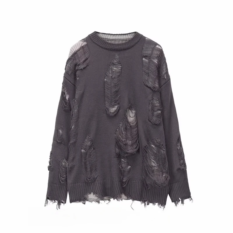 2025 Spring and Autumn New Men's Dark Style Design Matching Necklace Black Red Sweater Distressed Hollow Gray Casual Sweater