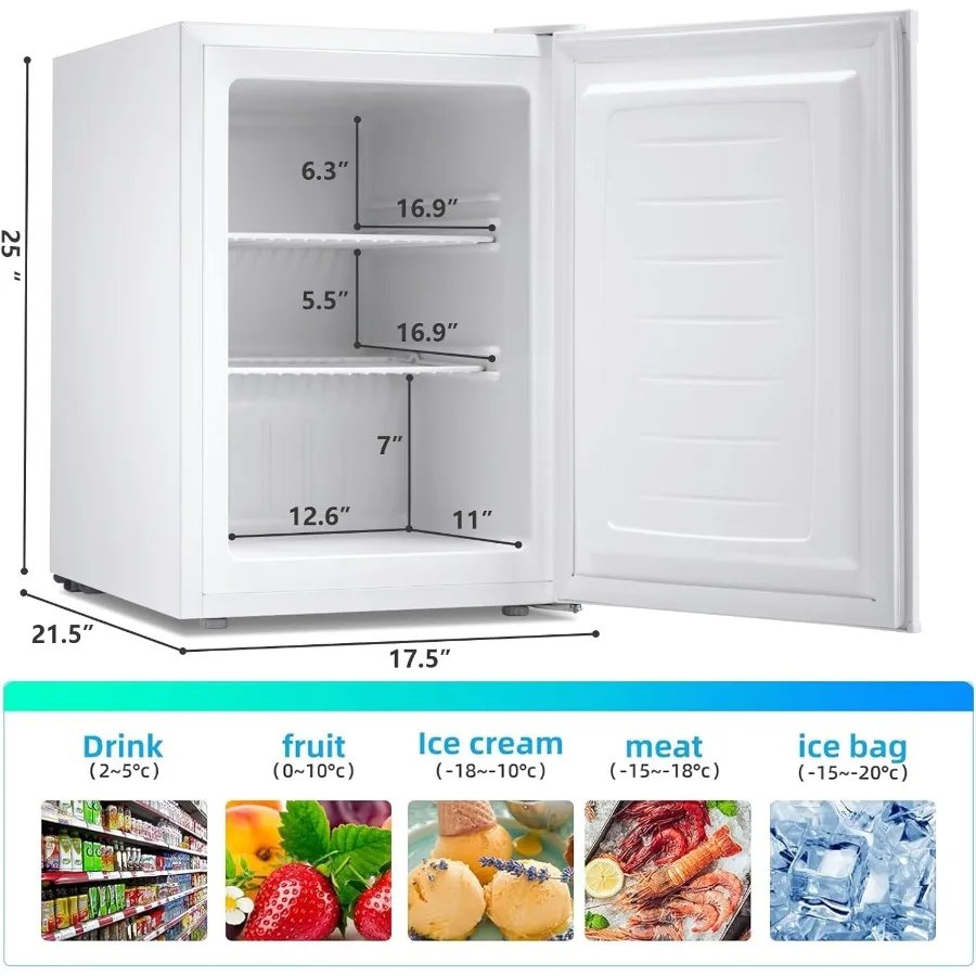 2.1 Cu.ft Small Upright Freezer Compact Mini Freezer with Removable Shelves Adjustable Thermostat Reversible Door Hinge Quiet O