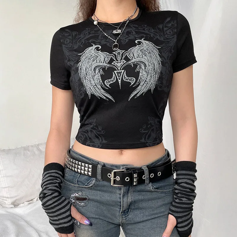 ความงามฤดูร้อน Slim Tee Tops Streetwear Gothic Harajuku กราฟิกพิมพ์เสื้อยืดผู้หญิงถัง Vintage Crop Top Y2K เสื้อผ้า t เสื้อ