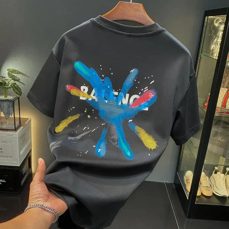 2026 New Summer American Streetwear Splash-Ink Print White T-Shirt for Men, Loose Casual, Half Sleeve, Hip Hop Style