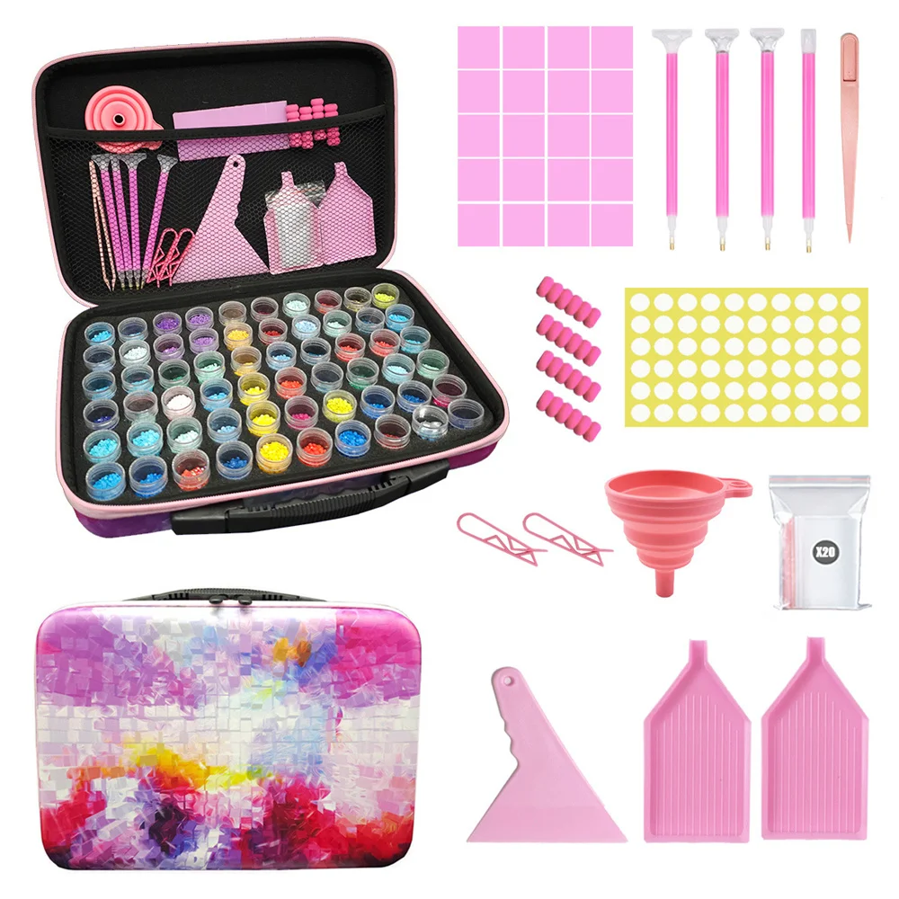 117/120/121PCS Diamond Painting Tool Set Pink Portable Storage Bag 60 Grids Round Storage Bottles Clay Tray Stickers Accessories