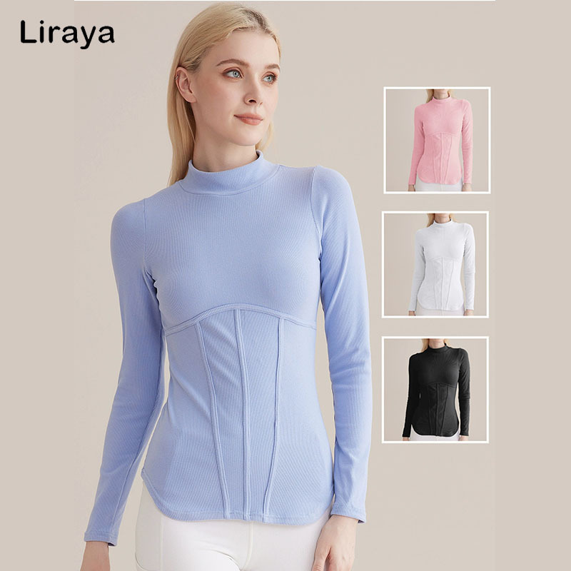  Women’s Slim Fit Long Sleeve Yoga Top with Ribbed Texture Waist Design – Breathable Stretchy Athletic Shirt for Gym, Running 