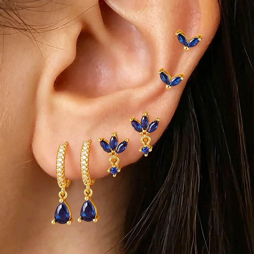 3PCS/6PCS Fashion Flower Leaf Stud Earring Set for Women Trendy 14K Gold Plated Horse-Eye Zircon Dangle Earring Piercing Jewelry