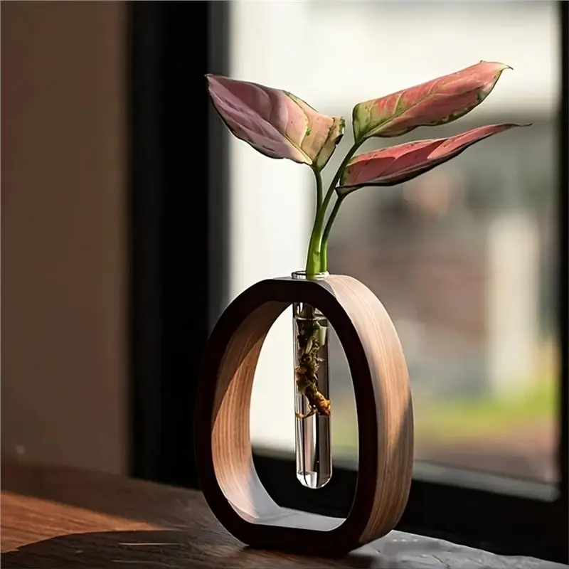 Minimalist Wooden Flower Holder With Glass Tube, Elegant Walnut Vase And Aromatic Diffuser Bottle, Home Decor Centerpiece Aroma-
