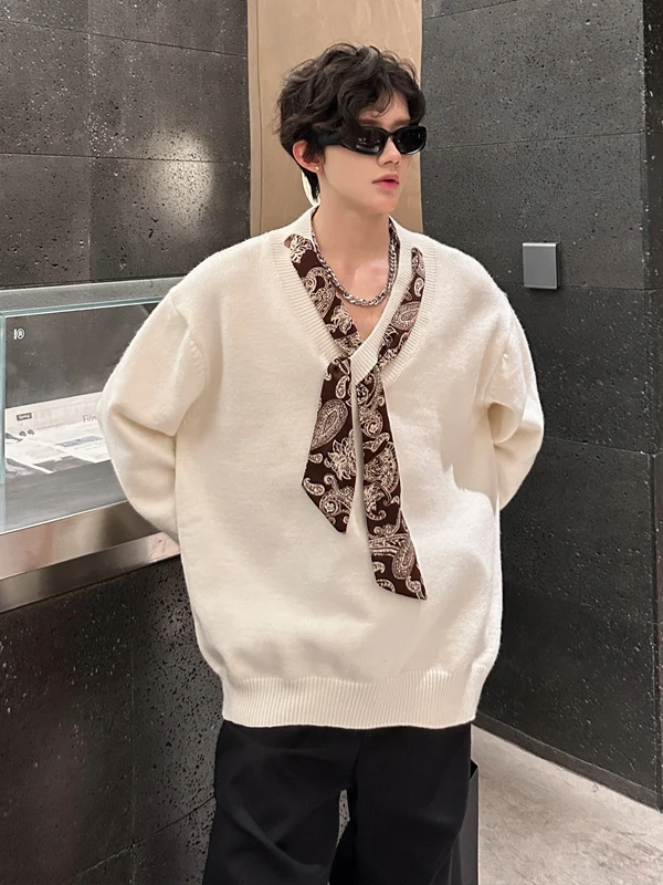 

Мужской трикотаж Old Money Sle, свитер V-Ne с шарфом, свободный крой, осень-зима, повседневный длинный свек, термостойкий базовый слой, топ