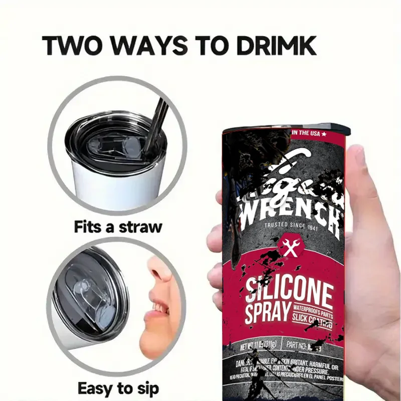 1pc, 20oz Stainless Steel Vintage Oil Drinking Cup Print Vacuum Insulated Thermal Tumbler With Lid & Straw Mix Coffee