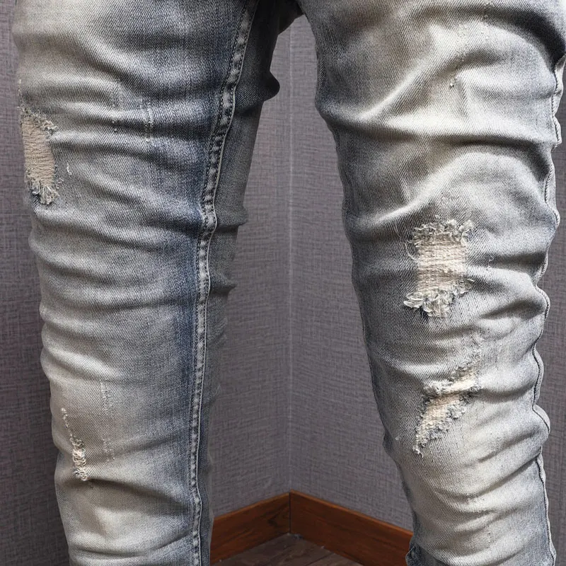 Fashion Designer Men Jeans Retro Light Blue Stretch Slim Fit Patched Ripped Jeans Men Y2K Embroidery Vintage Denim Pants Hombre