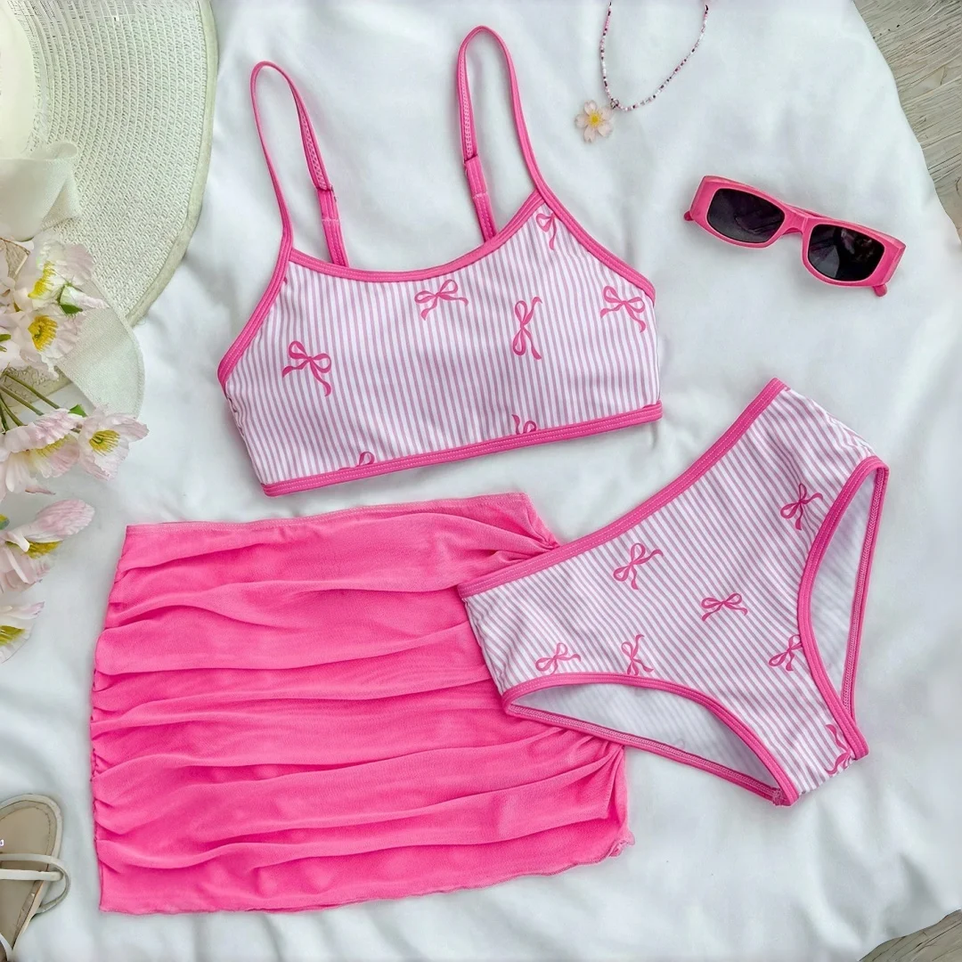 

Купальник для девочек 2026: комплект из 3 предметов, бикини с завязками на шее, пляжный купальный костюм с юбкой, для подростков (размеры M-L), летний наряд