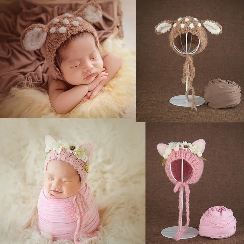 Newborns Photography Props Cute Sweet Hand Knitting Floral Caps and Solid Color Baby Blankets 2 Piece Set Photo Accesspries