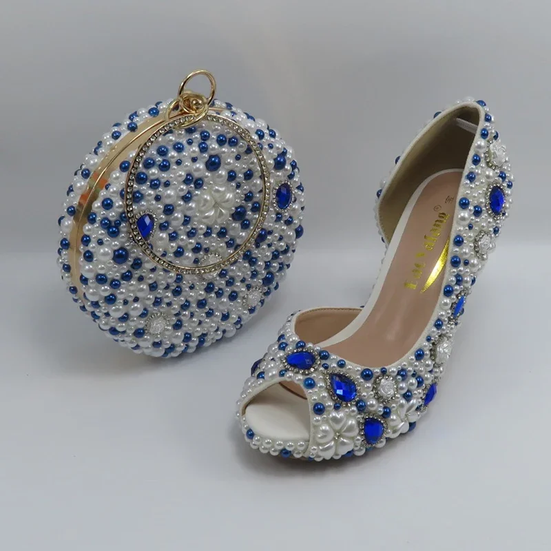 White and Blue Pearl Wedding shoes and bag Peep Toe Pumps Bridal Party Dress Shoes Fish Mouth high heels with Handbags  8cm image 2