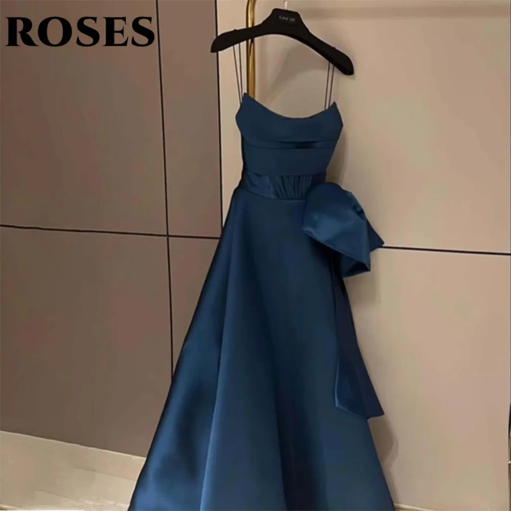 

ROSES Navy Blue Elegant Wedding Party Dress O-Neck Celebrity Dress Simple A-Line Pleats Satin Ruched Occasion Dress Customized