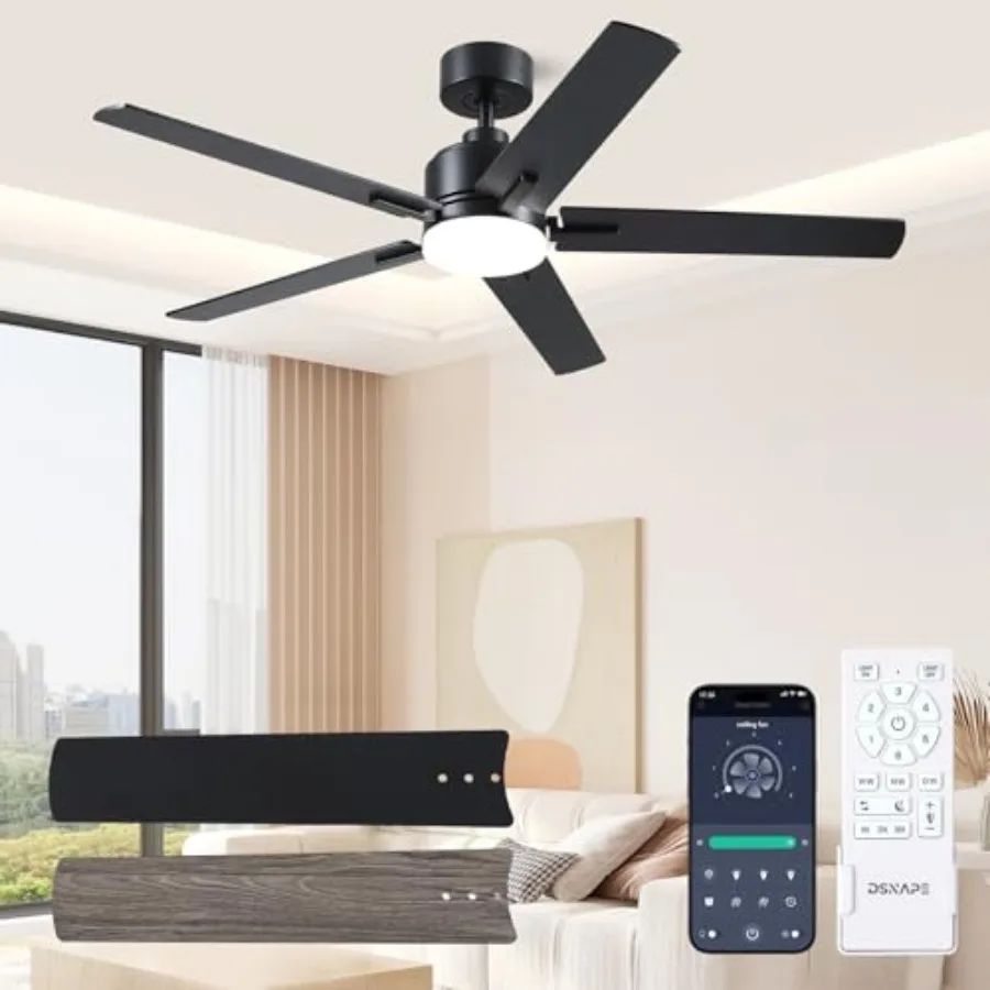 

52 Inch Black Ceiling fan with Lights Ceiling Fan with Lights and Remote/APP Control Reversible Dimmable 3CCT Quite Fan for Liv