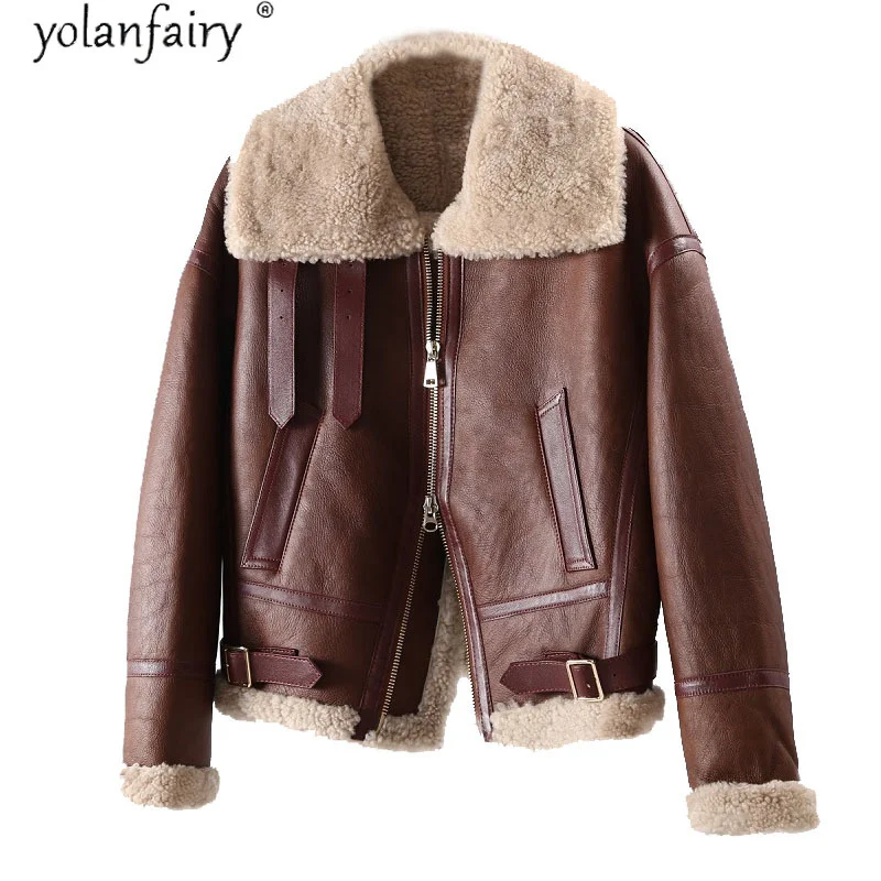 Abrigo de piel auténtica para mujer, chaqueta de piel de cordero para motocicleta, abrigo de piel de oveja, chaquetas cálidas, 2023 KJ