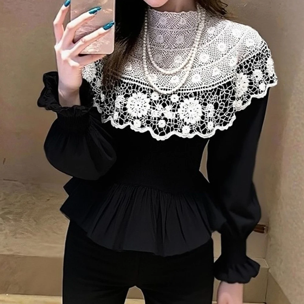 2026 spring new heavy industry embroidery lace splicing waist slim and thin semi-turtleneck foreign style  shirt woman
