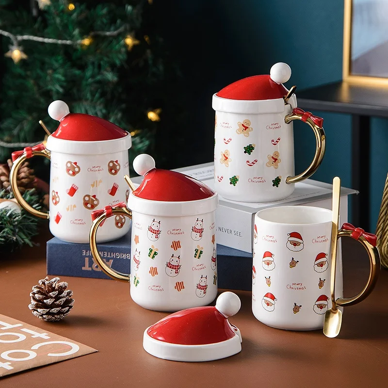 400Ml Christmas porcelain water cup Santa hat cup Christmas ceramic cup with lid spoon