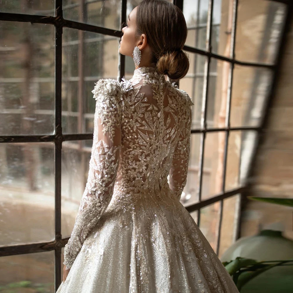 Luxury Ball Gown Wedding Dresses 2024 Exquisite High Neck Long Sleeve Bridal Gown Lace Sequined Bride Dress Customized