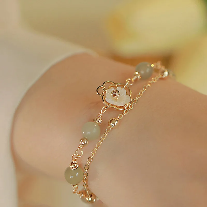 925 Sterling Silver Bracelet Double Layers Green Jade Flower Butterfly For Woman Girl Fashion Jewelry Gift Dropship Wholesale