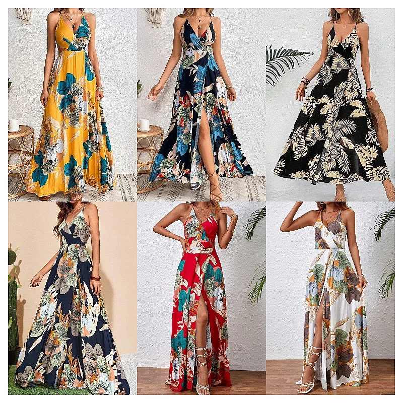 Tropical Print Split Thigh Slip Dress Summer Dresses Sexy Bodycon Jumpsuit Playsuit