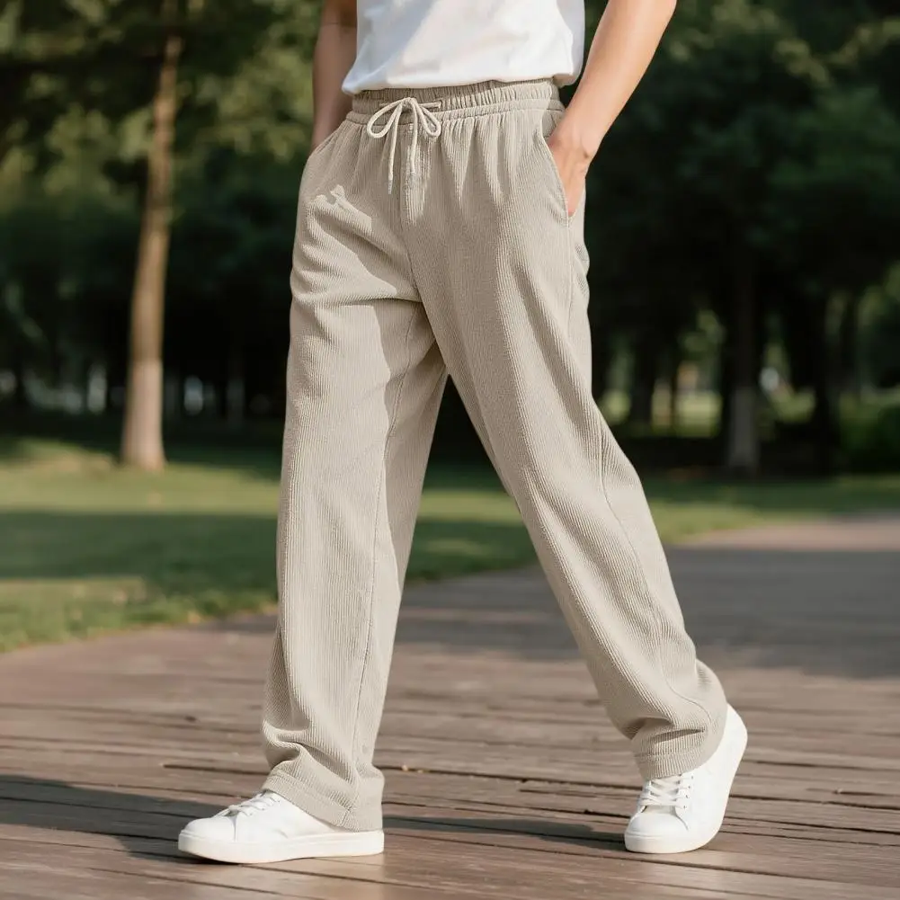 Versatile Daily Wear Trousers Men's Corduroy Baggy Sweatpants Drawstring Waist Joggers Straight Leg Athletic Pants for Gym