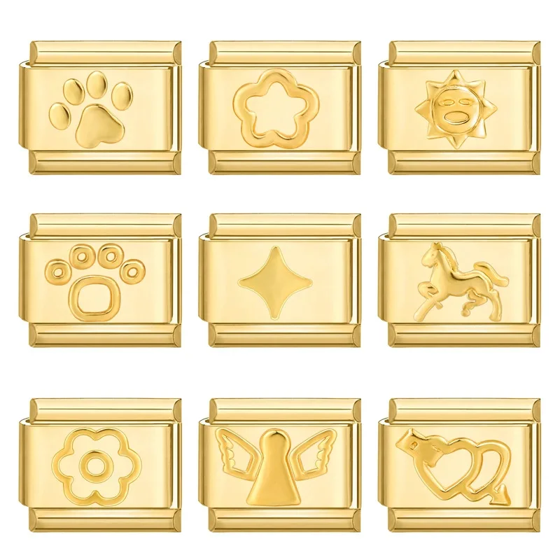 Gold Color Flower Cat Paw Star Moon Heart Sun Tassel Chain Italian Charm Links Fit 9mm Stainless Steel Bracelet Women DIY Making