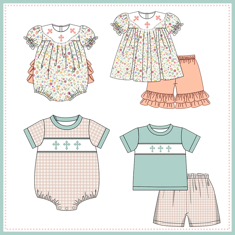 Easter Baby Boutique Short Sleeve T-shirt Round Neck Cross Embroidery Girl Flower Romper Boy Top Clothes And Pleated Skirt Pants