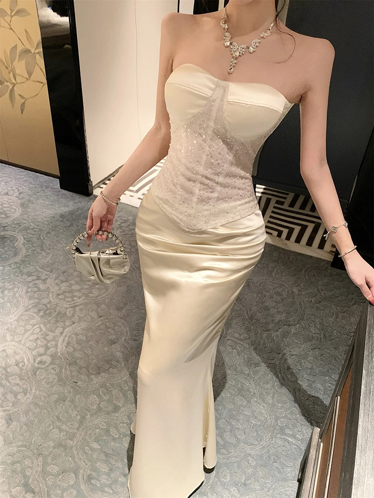 ReddaChic Glitter Strapless Tube Skirt Set Sheer Backless Boned Corset Fishtail Long Bodycon Skirt Birthday Party Woman Clothes