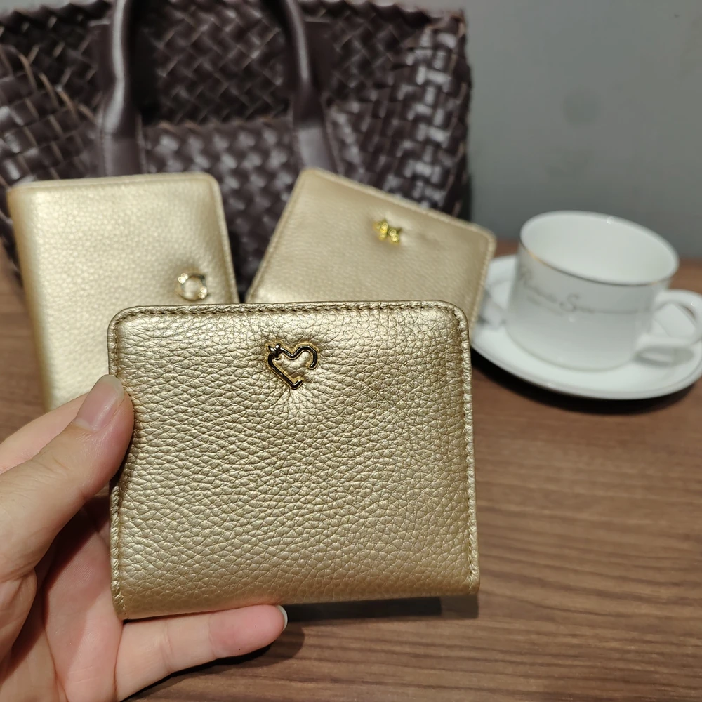 Luxury Gold Color Laminated Cow Leather Ladies Short Wallet ID Credit Card Holder Animal Deer Cat Dog Heart Button Women Purse