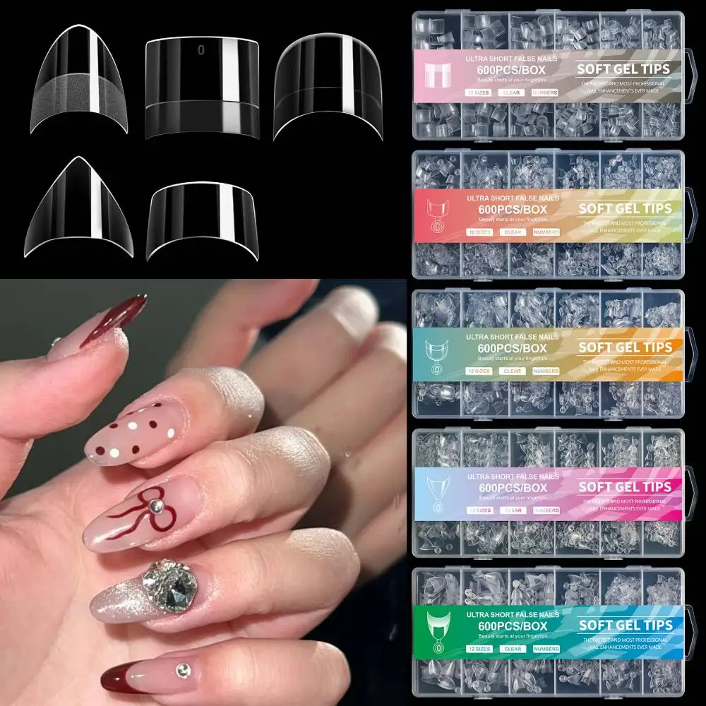 600枚/箱 ショート ウルトラフレンチ つけ爪 アーモンド ショートスタイル 超薄型 トレースレス ネイルチップ ホームDIY フェイクネイル ドロップシップ