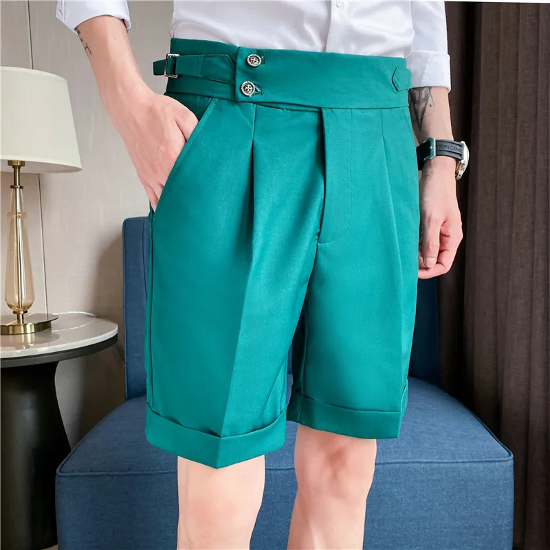 British Style Summer Men Suit Shorts Fashion Belt Design Slim Fit Short Pant Formal Social Wedding Party Knee Length Short Pants