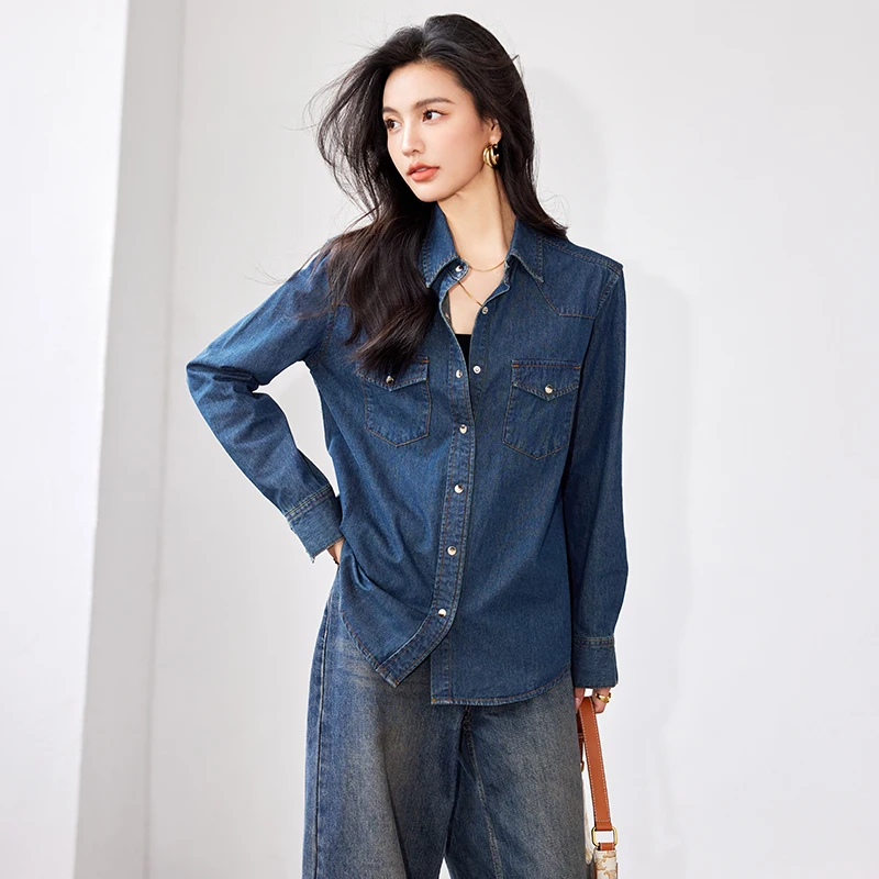 Autumn Women Lapel Button Blue Long Sleeves Denim Jean Shirts Pocket Slim Tops Blouse Blusas Mujer