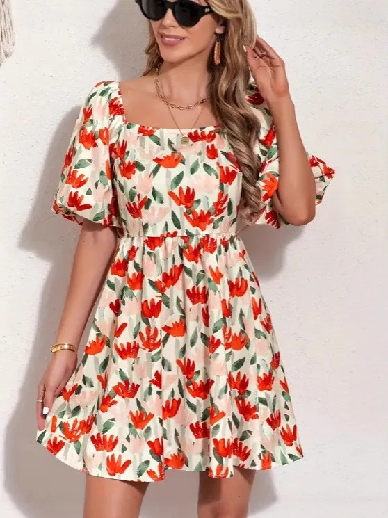 Women's Red Floral Print Mini Dress Square Neck Puff Short Sleeve High Waist A Line Dress For Summer Casual Beach Vacation Wear