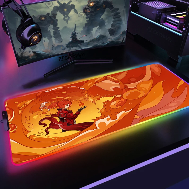 

Genshin Impact RGB Mouse Pad Gaming Mousepads LED Mouse Mat Keyboard Mat Anti-slip Anime Mousepad XXL Luminous Desk Rug