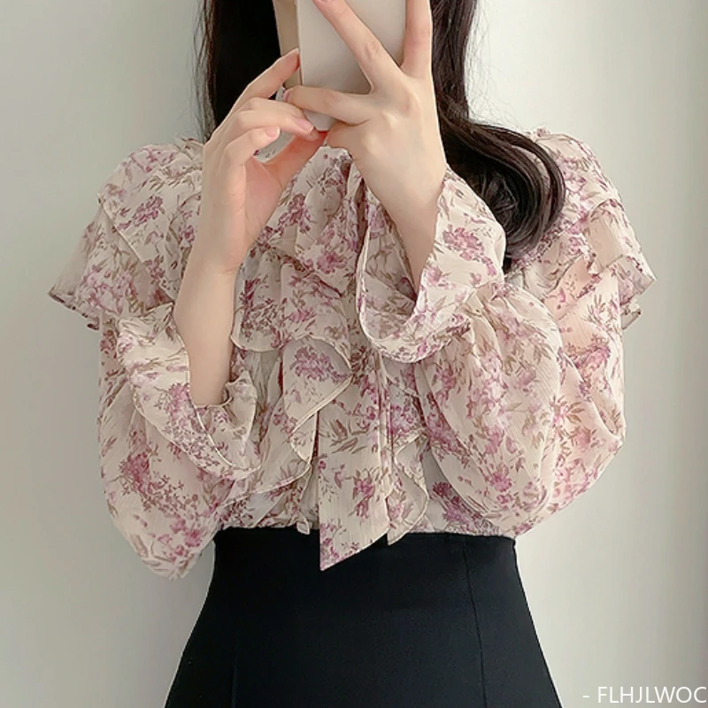 2024 Spring New Ruffles Tops Romantic Office Girls Flower Print Retro Cute Sweet Japan Style Flare Sleeve Pink Basic Shirts