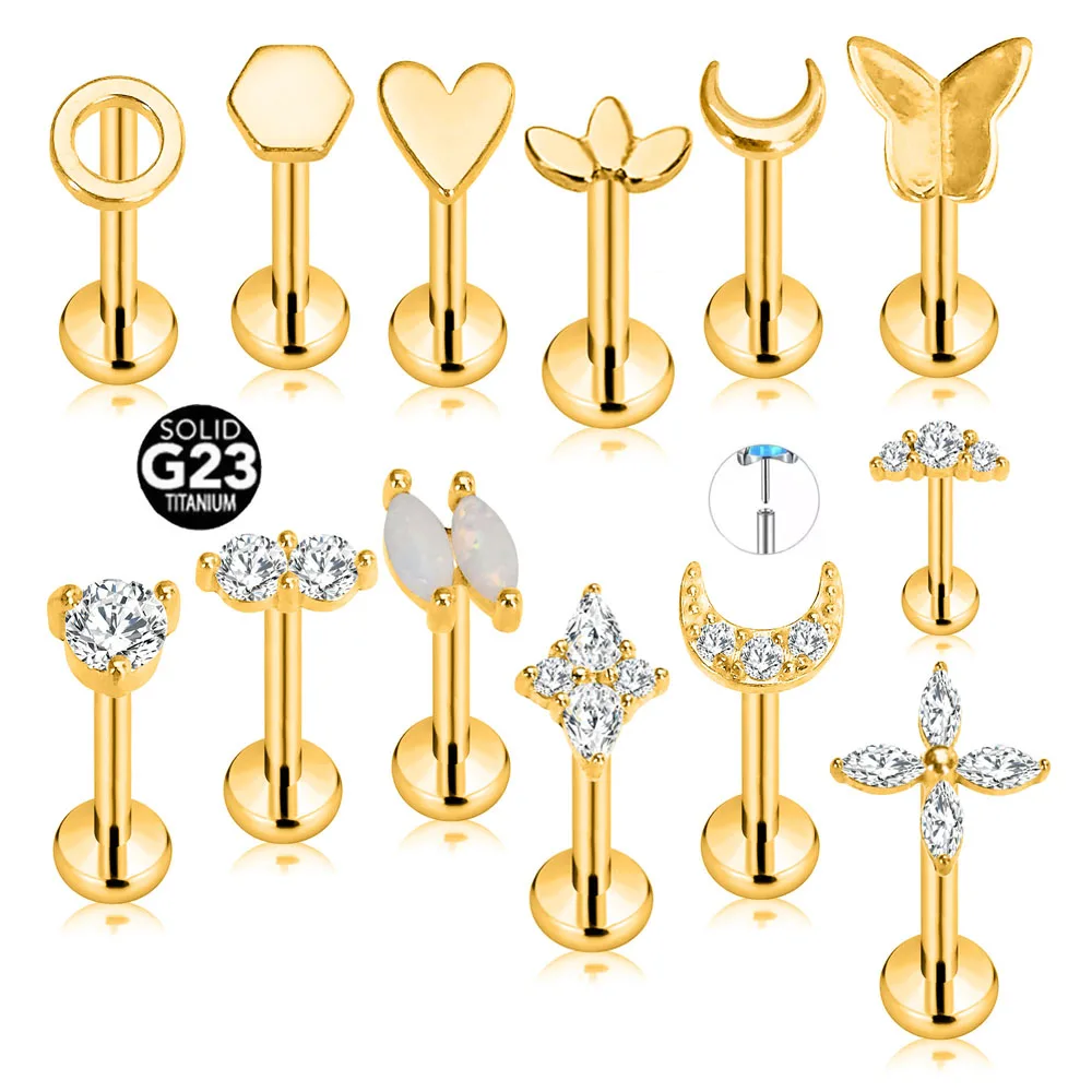 ASTM F136 G23 Titanium Flower Star Butterfly Moon Heart Threadless Piercing Pin Push in Lip Stud Daith Conch Earring 16G 18G 20G