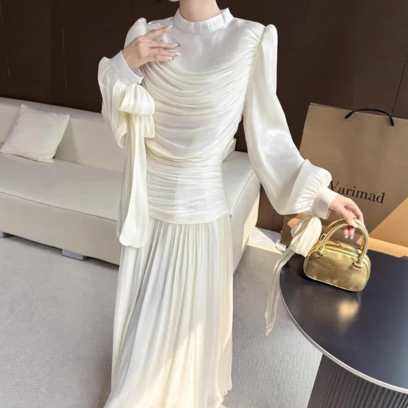 YFPF 우아한 단색 여성 드레스 주름 밴디지 스플라이스 소매 단색 이브닝 파티 롱 드레스 패션 2026 신상