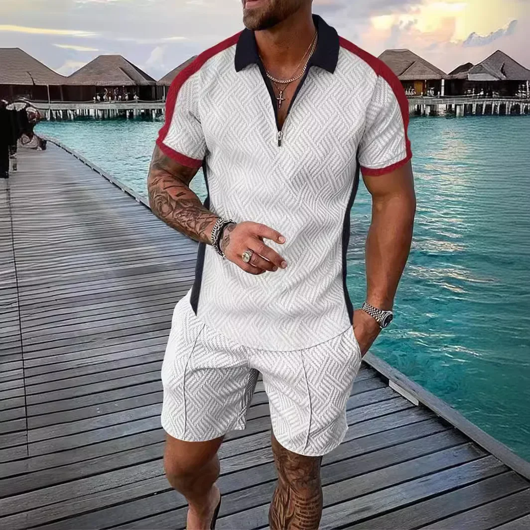 

Men Print Turn Down Collar Zipper Polo Shirt Tops Short Pants Shorts Pant Set Two Piece Sets Elastic Waist Casual Loose New