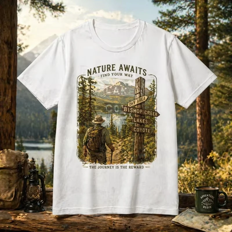 2026 new Retro hiking pattern natural waiting print Outdoor camping hiking casual short-sleeved T-shirt