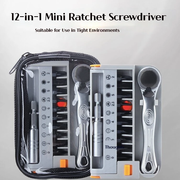 12-in-1 ratchet wrench set hand tool, all-aluminum wrench + 10 chrome vanadium steel bits, suitable for various small spaces