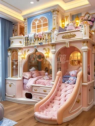 Luxury dream castle princess bed custom villa-style double-decker bed with stairs and slides on the second floor