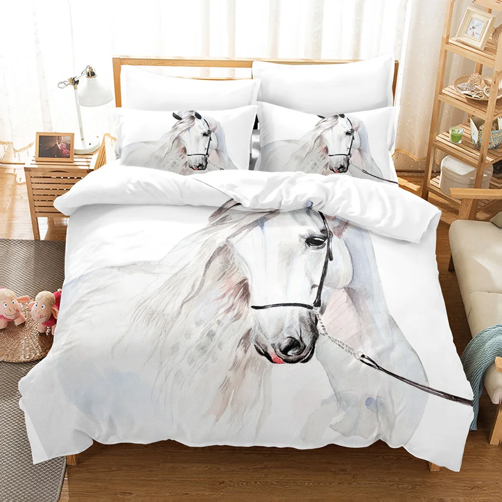 White Horse Bedding Set 3D Printed Luxury Soft Brushed Polyester King Queen Twin Size Duvet Cover Set Gift for Kids Boys Girls