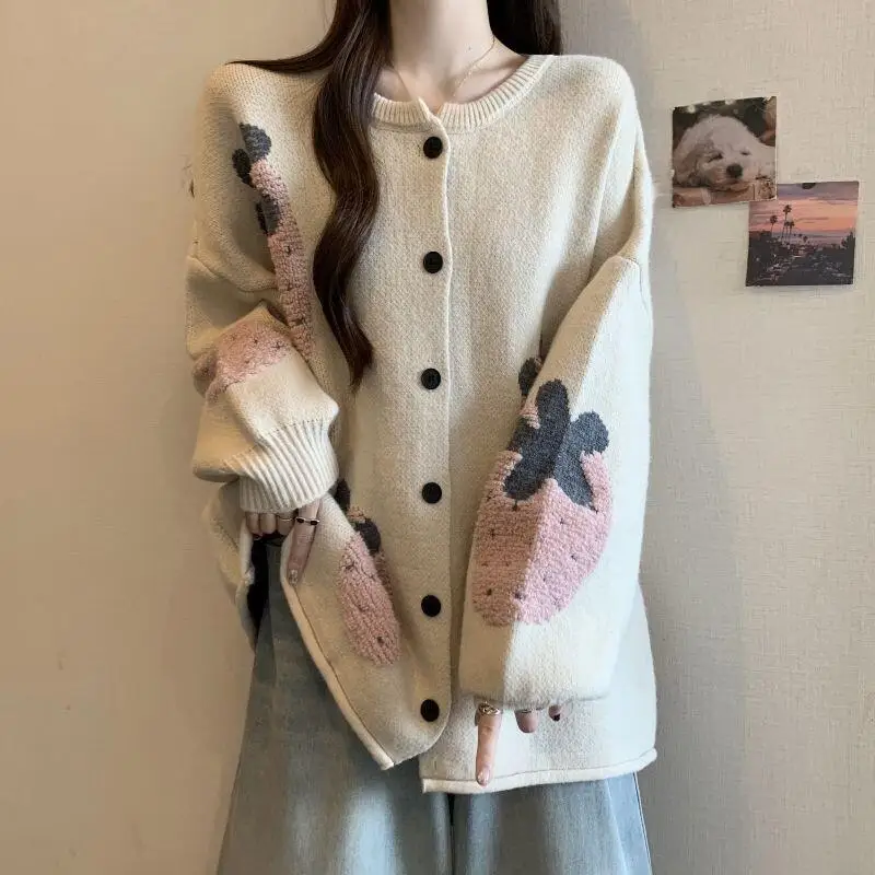 스웨터 니트웨어 여성용 루즈핏 레이지 컬리지 스타일 스웨터 코트 여성 가을 겨울 플러스 사이즈 롱 가디건 자카드 니트 탑