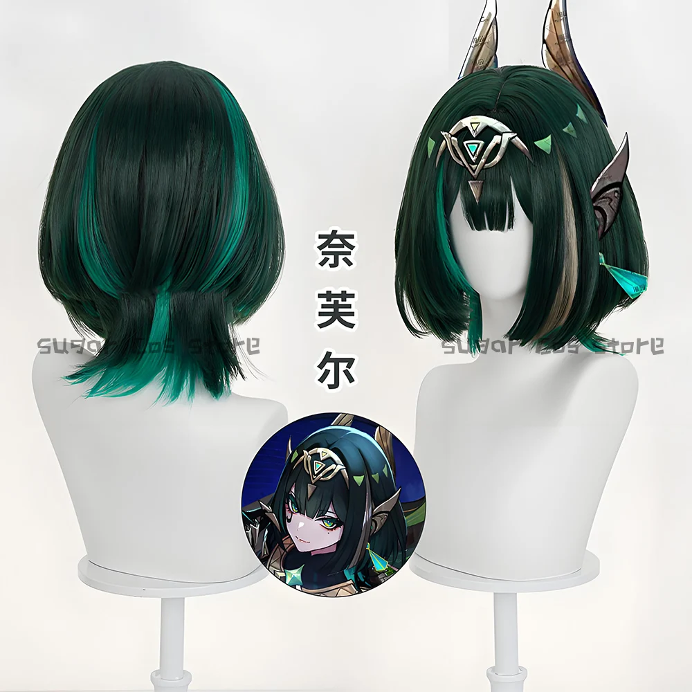 

Парик для косплея Genshin Impact Nefer, темно-зеленый акцент BoBo, термостойкие волосы для женщин и девочек, реквизит для карнавальной вечеринки на Хэллоуин