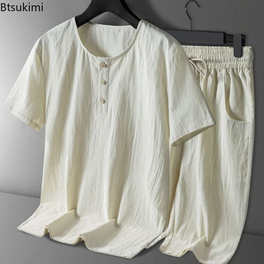 

Комплекты из хлопка и льна в китайском стиле, мужские летние топы с короткими рукавами, шорты на шнурке, комплекты из 2 предметов, дышащие повседневные спортивные костюмы, мужские